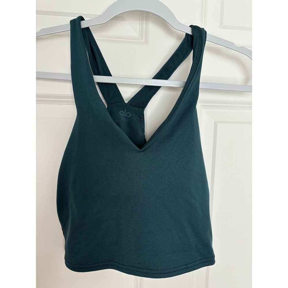 ALO Yoga Airbrush Green Real Sports Bra Tank V-Neck Racerback Crop Women's S